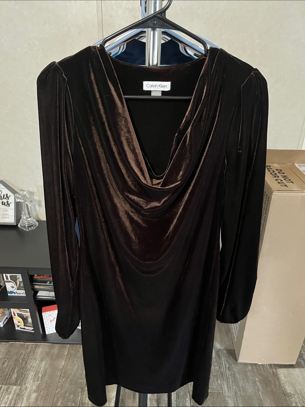 Calvin Klein Dark Brown Velvet Cowl-Neck Long Sleeve Dress